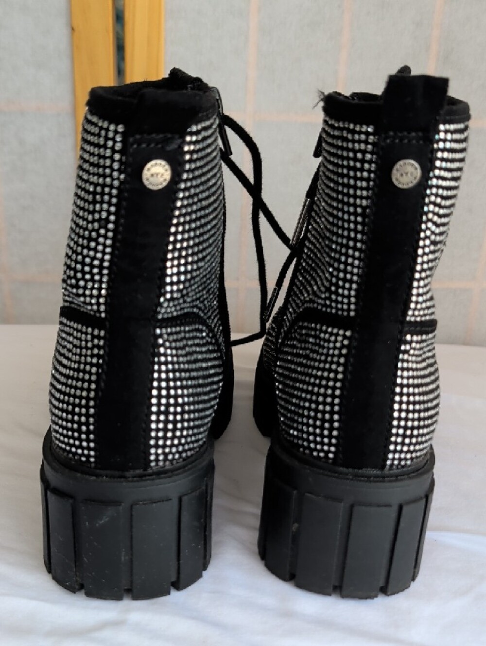 Madden NYC Black Rhinestone Lace-Up Combat Booties with Chunky Lug Sole - Picture 4 of 6